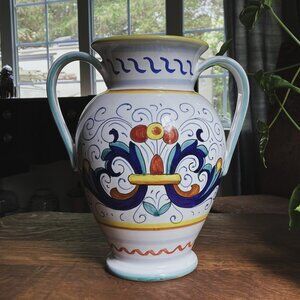 Ricco Deruta, Italian Majolica Vase, Urn, Jug, 12” Tall, Hand-Painted Pottery